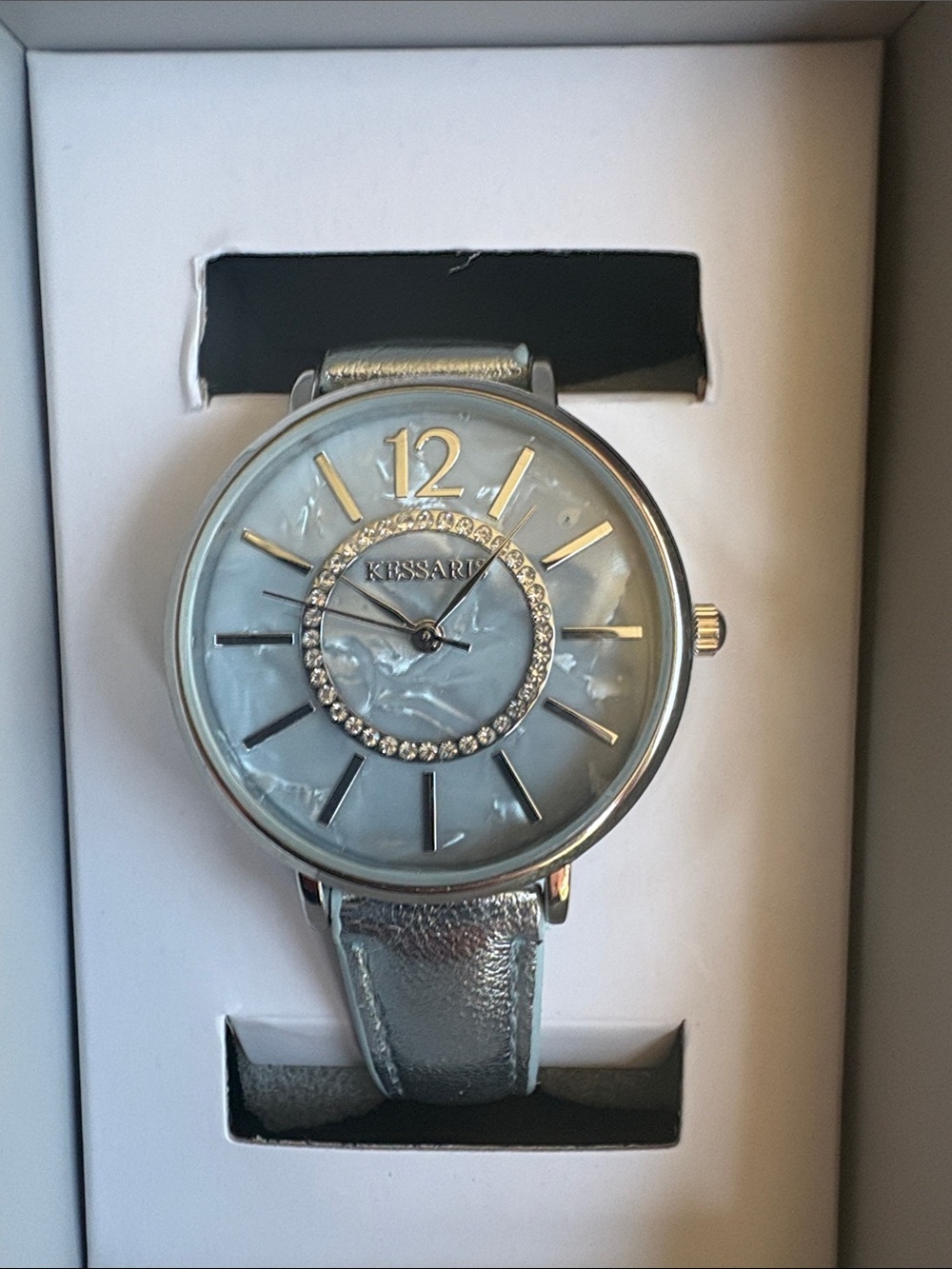 Kessaris Silver Mother-of-Pearl Crystal Accent Watch